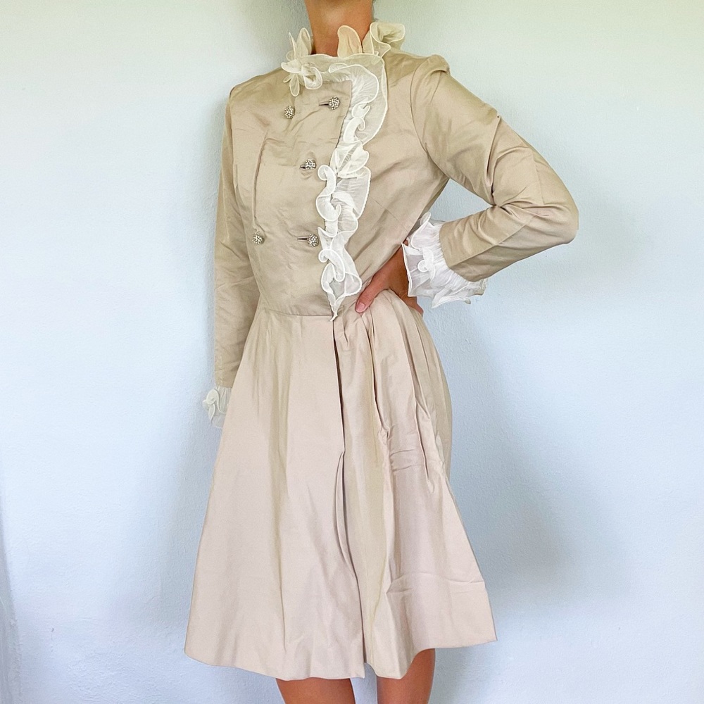 Vintage Mr. Frank New York tan ruffle trim jacket style wrap dress size 12 - Picture 2 of 16